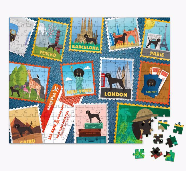 Around The World Adventure: Personalized {breedFullName} Jigsaw